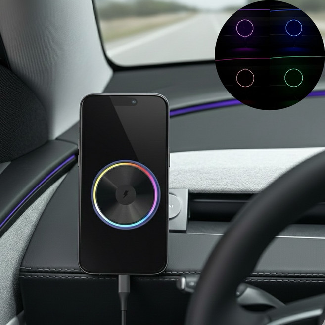 세상의모든제품 테슬라 모델Y주니퍼 맥세이프 LED 무선충전기 + TEMAI 마운트 거치대, 블랙(ㄱ케이블2M 포함)