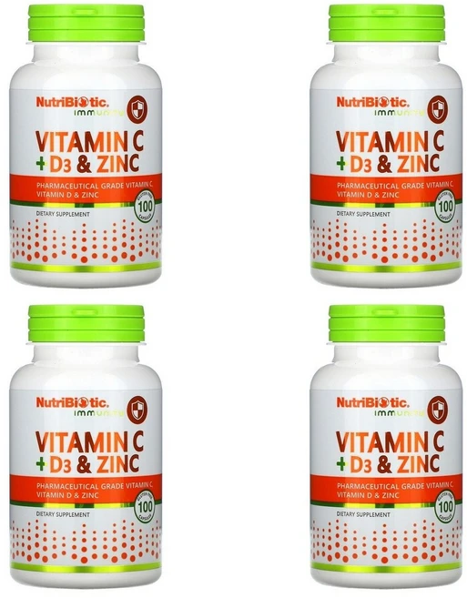 NutriBiotic 건강보조식품 Immunity 비타민C 비타민D3 아연 캡슐 글루텐프리 비GMO성분 100정 4통, 4개 - 쿠팡