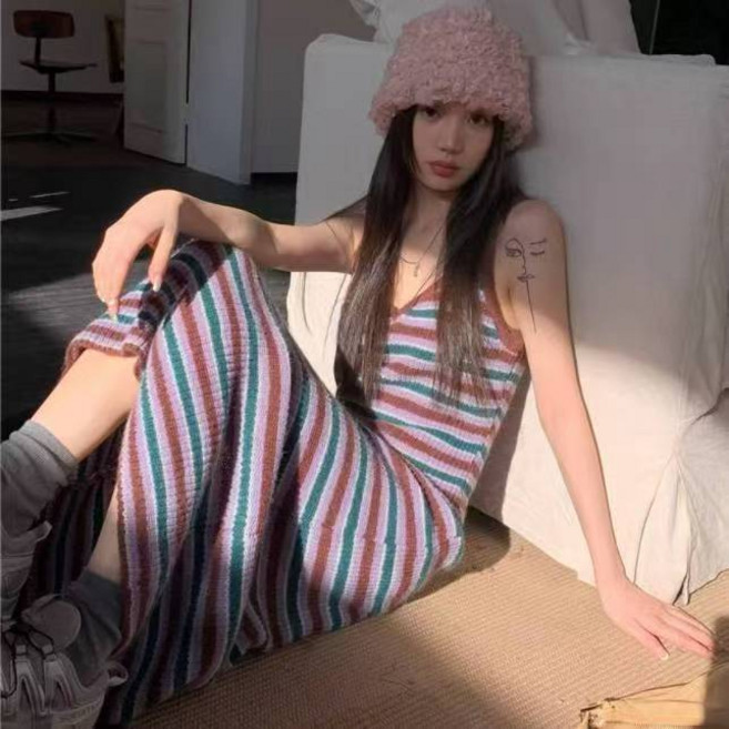 COSYEVNO 여성 봄가을 니트 원피스 V넥 민소매 롱 드 LFHzzddq-10