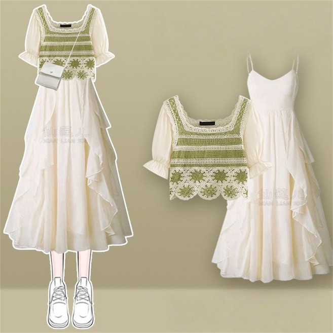 여성투피스 여성세트 반팔티 + 롱원피스 나시 레이스 반팔 블라우스 민소매 플레어 롱원피스 세트업 여름 캐주얼 데일리 VUT26040605 54