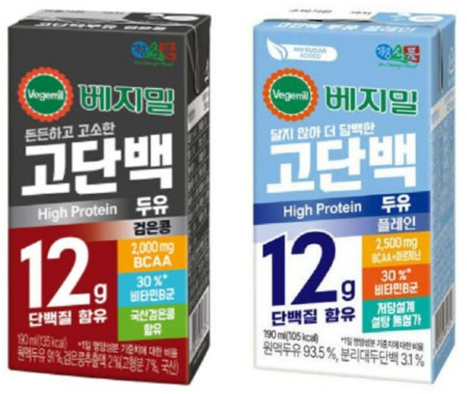 정식품 베지밀 고단백(검은콩+플레인) 두유, 190ml, 48개