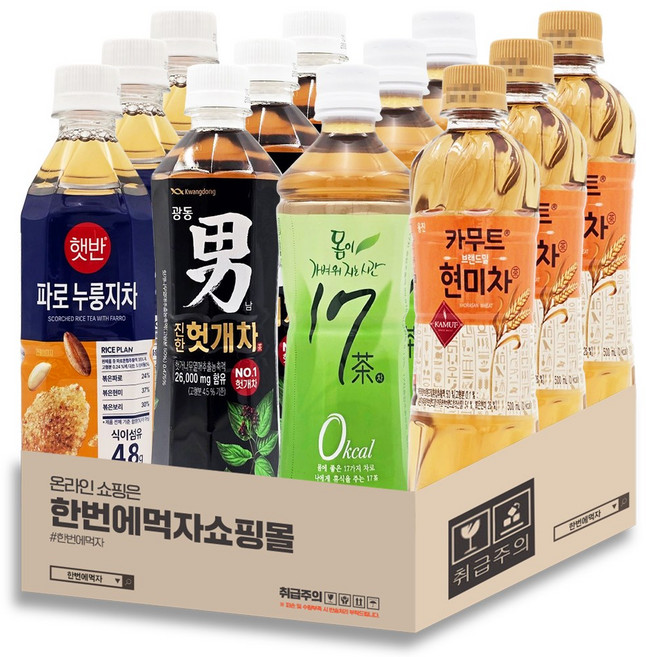 [한번에먹자쇼핑몰] 500ml 음료 혼합세트 / 햇반 파로 누룽지차 + 광동 헛개차 + 17차 + 카무트현미차 / 각3개씩 총12페트