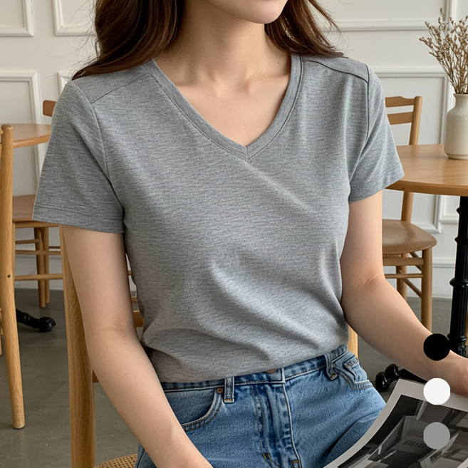 엠제이스타 브이넥 반팔티 절개 여성 여자 스판 무지 반팔 티셔츠 T-31-1