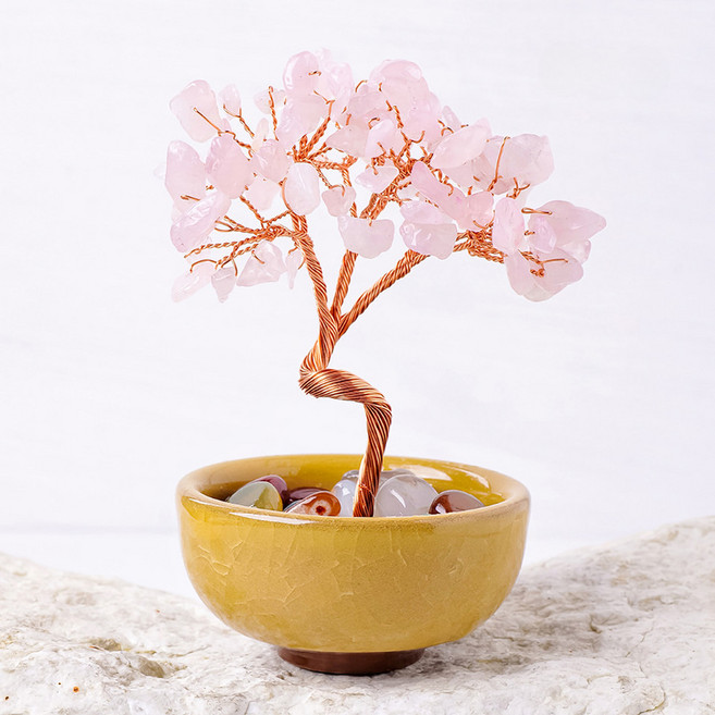 粉晶水晶樹盆栽 手工藝品 辦公室居家擺飾 瑪瑙滾石 招桃花 提升運勢, 1個