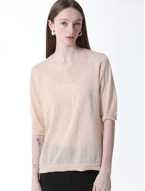 르오트 린넨블렌디드 워셔블 브이넥 반팔 니트