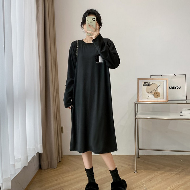 스타일아유 여성용 빅사이즈(66~99) 오버핏 귀여운 작은 고양이 롱원피스 홈웨어 롱티 OP1563