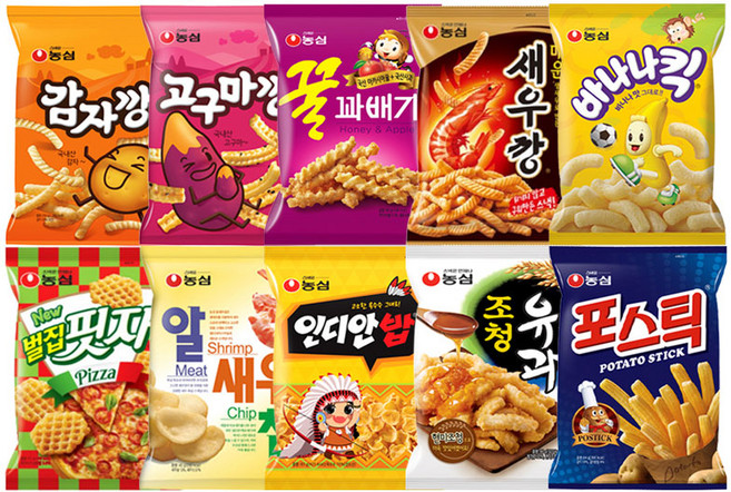 농심스낵세트 10종 (매운새우깡+감자깡+고구마깡+포스틱+조청유과+벌집핏자+바나나킥+꿀꽈배기+인디안밥+알새우집), 1세트