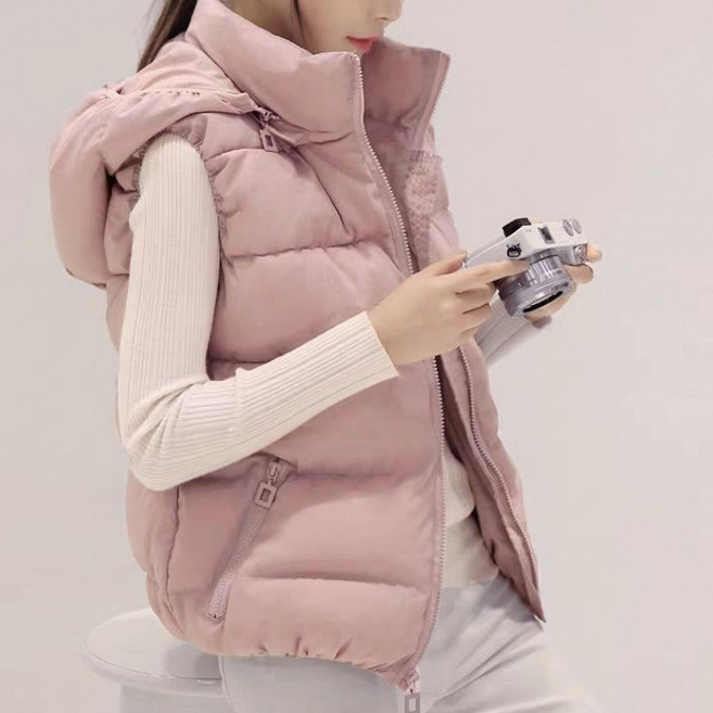 여성용 가을 겨울 빅사이즈 캐주얼 패딩 베스트 후드 면조끼