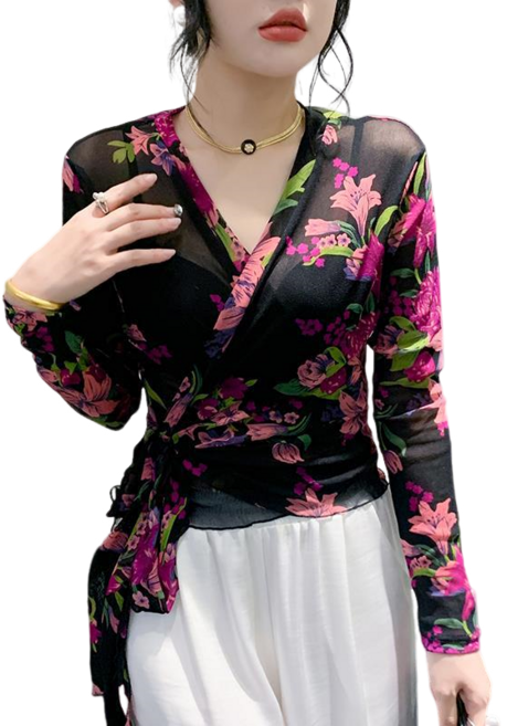 여성용 시스루 스트랩 프린트 조거 긴팔 망사 티셔츠 Women's T-shirt 뉴타임즈 S859U610