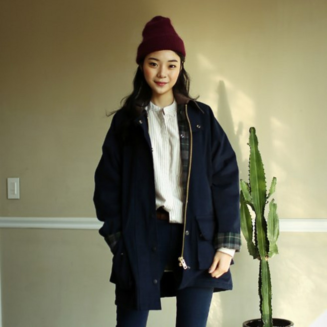 [안감 폴라폴리스]체크 배색 기모 야상자켓