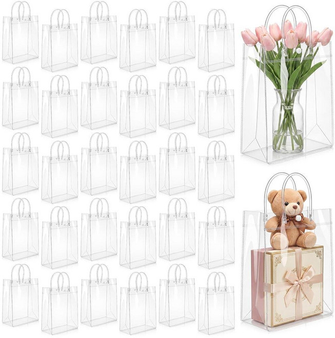 LEIFIDE 50pcs Clear Plastic [사은품증정] Bags with Handles PVC Reusable 투명 Totes for Goodie Candy Schoo, LEIFIDE 50pcs Clear Plastic [사