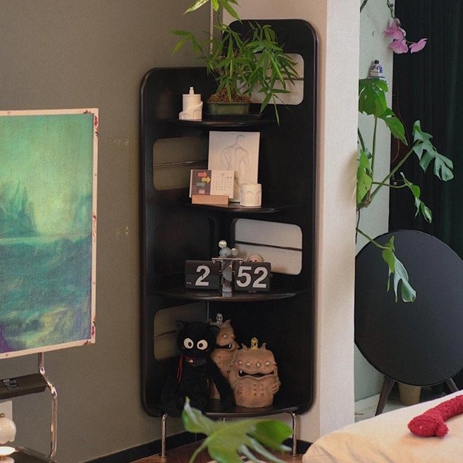 일공이오마켓 코너 구석장식장 거실장식장 원목미니진열장 장식장가구 인테리어가구 원목3단진열장 화분진열대, 블랙원목