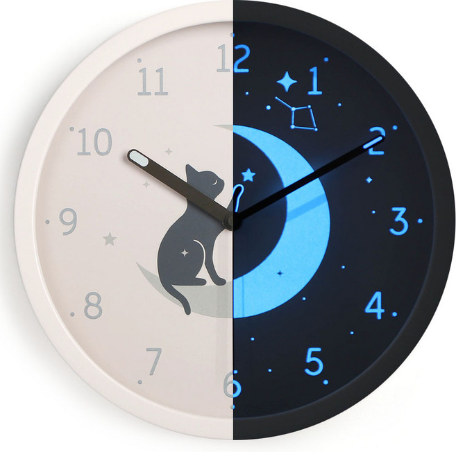 8무드 히든 글로우 고양이 무소음 벽시계 30cm (블랙나이트 야광) / 반전 인테리어 벽걸이시계, 고양이와 달