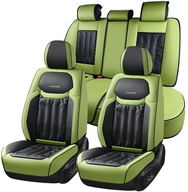 Coverado Car Seat Covers Covers for Cars 5 Seats Full Set Protector Waterproof Nappa Leather Cu, 풀 세트, 그린&블랙