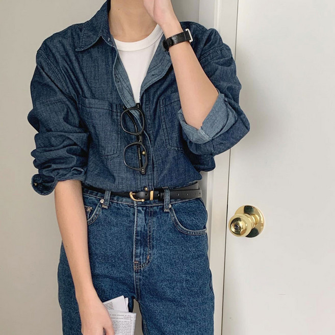 빈티지 여성 포켓 데님 셔츠 하객룩 박시핏 오버핏 진청데님 연청데님 출근룩