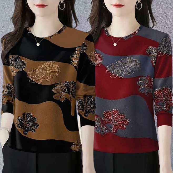 MOSAIRATION 여성 (1+1)2장묶음 패션 라운드넥 긴팔 티셔츠 배색 디자인 중년 엄마 이너 티셔츠 M0112128