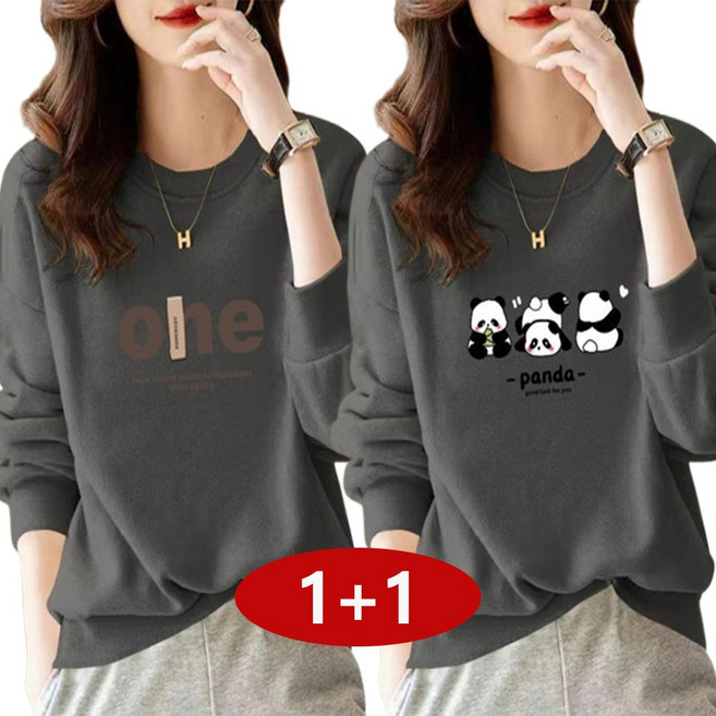 1+1 여성 봄가을 라운드 맨투맨 오버핏 면질 무지 프린트 여성티셔츠