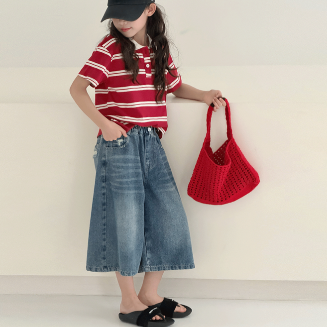 밀크봉봉 센풍 봄 여름 여아 주니어 캣츠 디스트로이드 데님 하프 팬츠