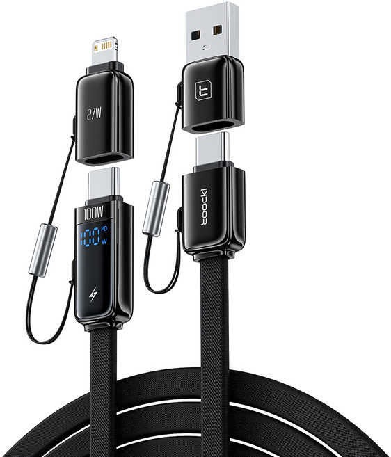 Toocki 4in1 100W 디스플레이 PD 아이폰 호환 라이트닝 C타입 고속충전 케이블, 1개, 블랙, 1.2m