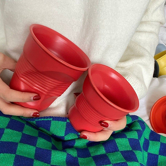 북유럽 풍 주름 머그컵 도자기 소중 컬러 Revol 불규칙 손 여자 커플 물컵, 레드 라지 400ml, 250ml-400ml, 1개