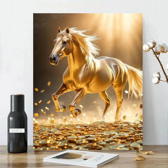 3D 보석십자수 세트 캔버스형 사각비즈 액자형 40x50cm 풍수 인테리어 DIY 키트 풍수 집들이 선물 취미생활, 1개, 금화 말