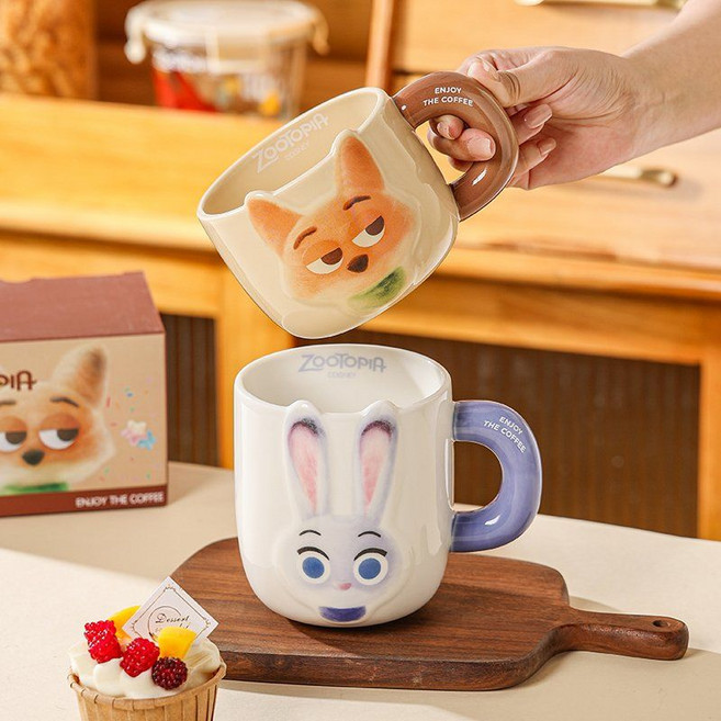 주토피아 신형 세라믹 머그컵 사무실 커피컵 가정용 물컵, 닉+주디 엠보싱 (선물 상자)