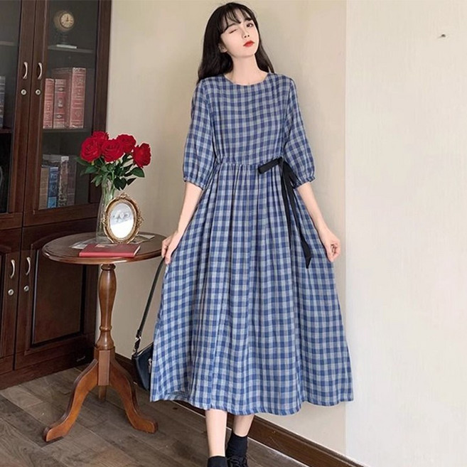 여성 봄 가을 원피스 패션 캐주얼 면사 심플 칠부 소매 치마 루즈핏 슬림핏 빈티지 면마 체크 원피스 WMY