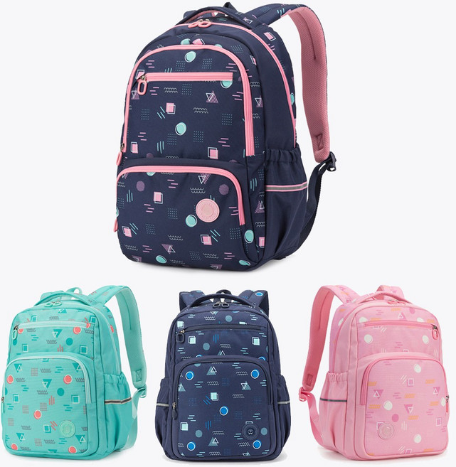 優貝選 夢幻幾何多彩印花小學生書包 後背包 1-6年級適用, 小號/翠綠