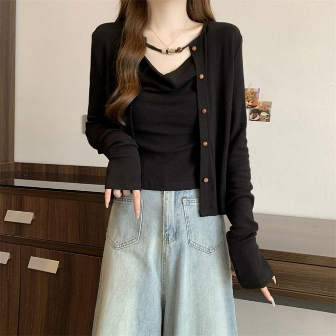 프렌치 여자 나시 가디건 세트 빅사이즈 루즈핏 이너 나시티 + 가디건 투피스 봄 가을 여성 가디건 세트 CJJ