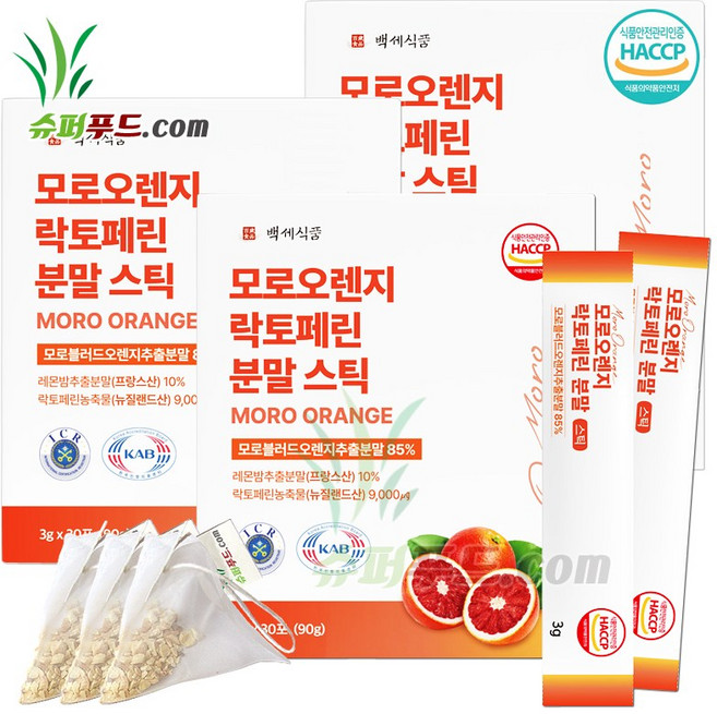 모로오렌지 락토페린 HACCP 식약처인증 레몬밤 안토시아닌 헤스페리딘 베타카로틴 비타민 로즈마린산 미네랄 스트로넬랄 유제놀 타닌 모로오렌지락토페린 분말스틱+슈퍼푸드.com연자육티백, 3세트, 91g