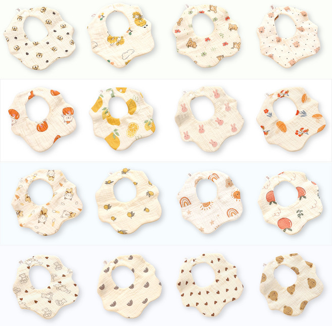 (4개/1set) 엘린베베 면 거즈 6중 턱받이 유아 신생아 네이밍 아기 자수 침받이 스카프 빕