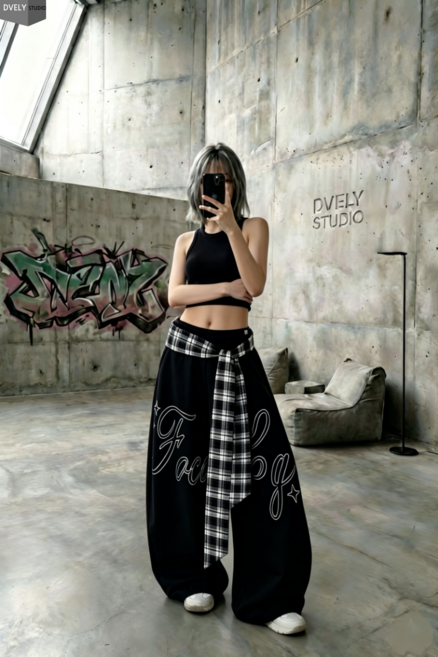 디블리 체크플래그 와이드 벌룬팬츠 허리밴딩 밑단스트링 와이드핏 방송댄스 댄스팀 단체복 힙한룩 힙합패션