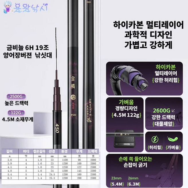 용왕낚시 금비늘 양어장용 대물낚싯대 6H 가성비 초경량 낚시대, 자주색