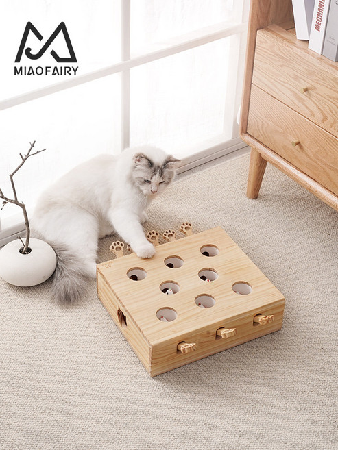 고양이 두더지잡기 도구 두더지 놀이감 캣펀치 원목 두더지 잡기 3구멍 두더지, 두더지 잡기 세 구멍 모피 쥐