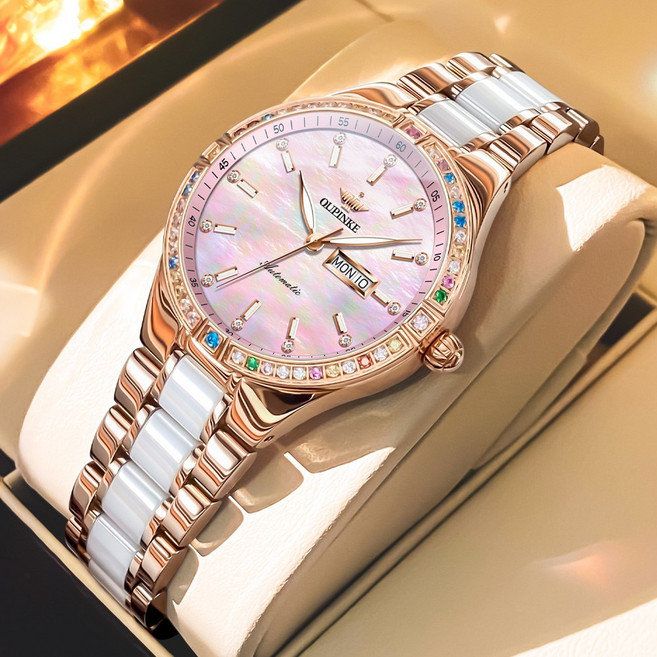 OUPINKE 여성시계 기계식 오토매틱 럭셔리 명품 워터프루프 야광 일력 메탈시계