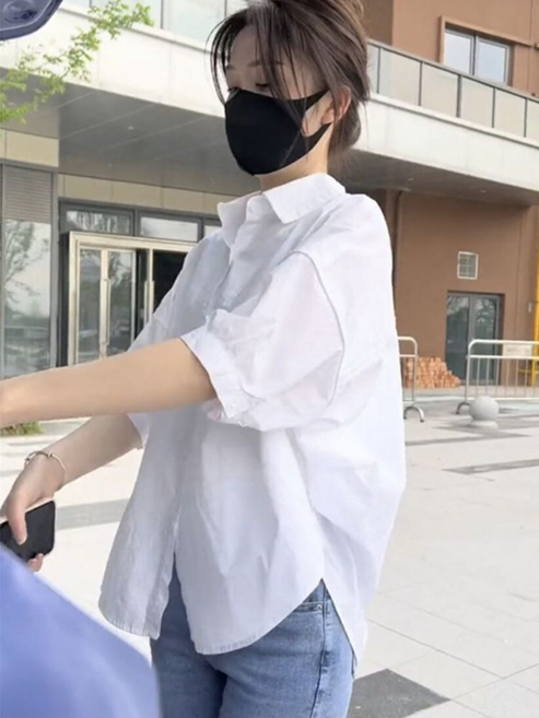白色短袖襯衫 女 寬鬆 設計感 上衣