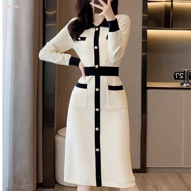 小香風針織連衣裙 法式過膝長裙 黑色polo毛衣裙子, 杏色,S 40.0-47.5公斤