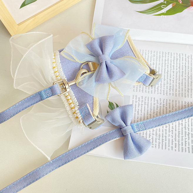 댕댕이 공주님 되는 산책용 필수 아이템 리본 프릴 하네스, 블루, 1개