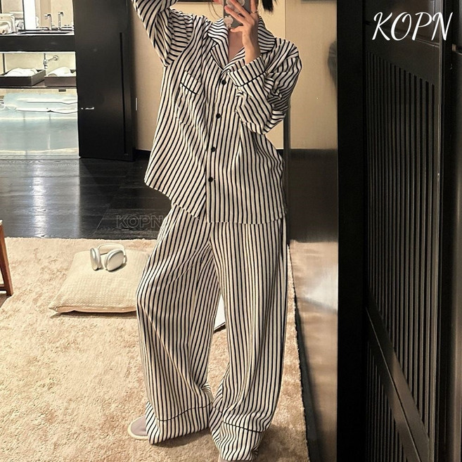KOPN 봄 가을 잠옷 여성 긴팔 얇은 캐주얼 편한 홈웨어 스트라이프