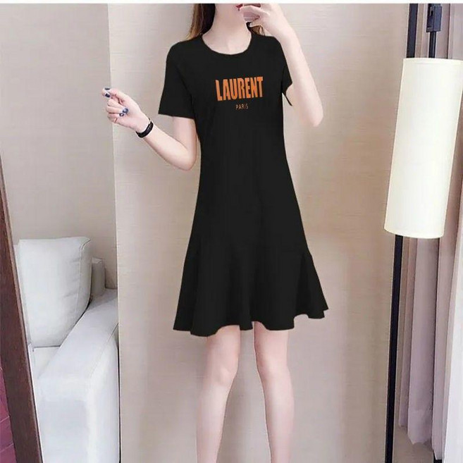 good 女夏寬鬆中長洋裝大尺碼顯瘦休閒學生不規則魚尾裙, 黑色 英文,M