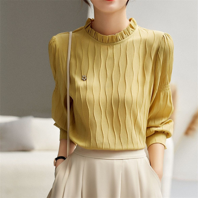 POMTOR 여성 플리츠 블라우스 프릴넥 긴팔 티셔츠