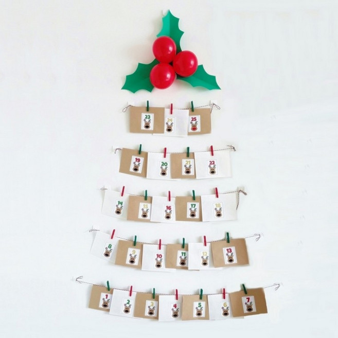 크리스마스 어드벤트 캘린더 벽 트리 장식 [어드밴트 달력 가랜드 벽트리 성탄절 데코 꾸미기], 1개, 7. 행거형+led전구5m+빨간열매장식