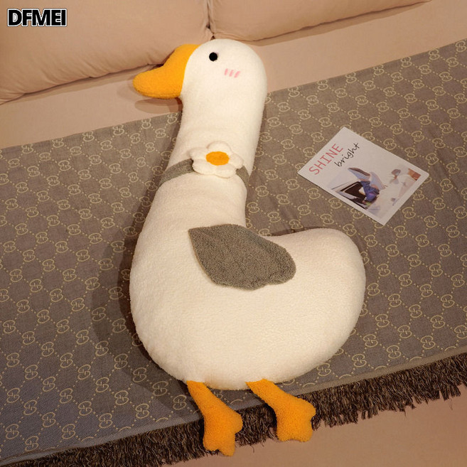 DFMEI 網紅大白鵝抱枕長條枕女生睡覺牀上枕頭超軟可愛毛絨娃娃靠枕牀頭, 灰色花瓣鵝