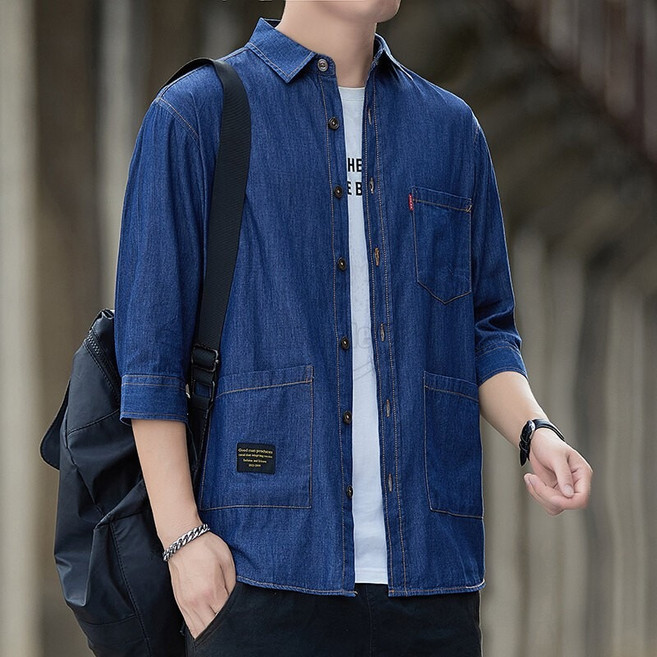 Krismile100% 순면 청자켓 7부 소매 데님 셔츠 남자 여름 자켓Krismile4*2**9