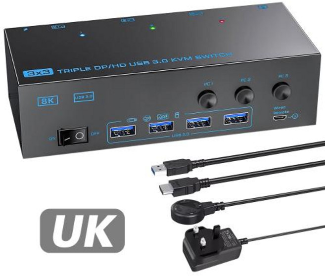 KVM 스위치 컴퓨터 3대 모니터 3대 HDMI 호환 DisplayPort USB 3.0 KVM 스위처 8K60Hz4k144Hz 트리플 모니터 DP KVM, UK No LOGO, 1개