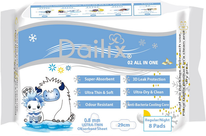Dailix 29cm 涼感抑菌衛生棉 0.8mm 超薄吸收墊 8片裝, 1個, 8片, 夜用