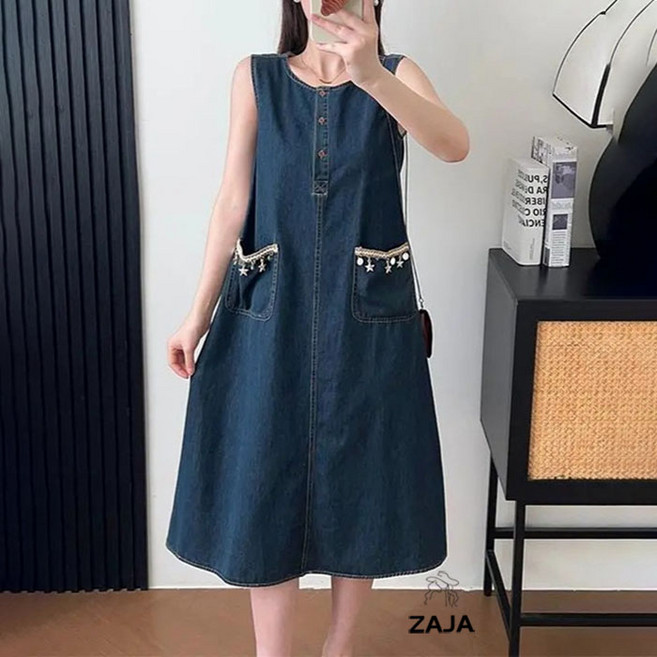 ZAJA 여성 루즈핏 민소매 롱 데님원피스 체형커버 레이어드 데일리룩