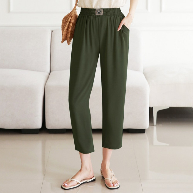 인디오 여성용 여름 폴리마원단 밴딩 린넨 스판 일자 9부 팬츠 NCH6017