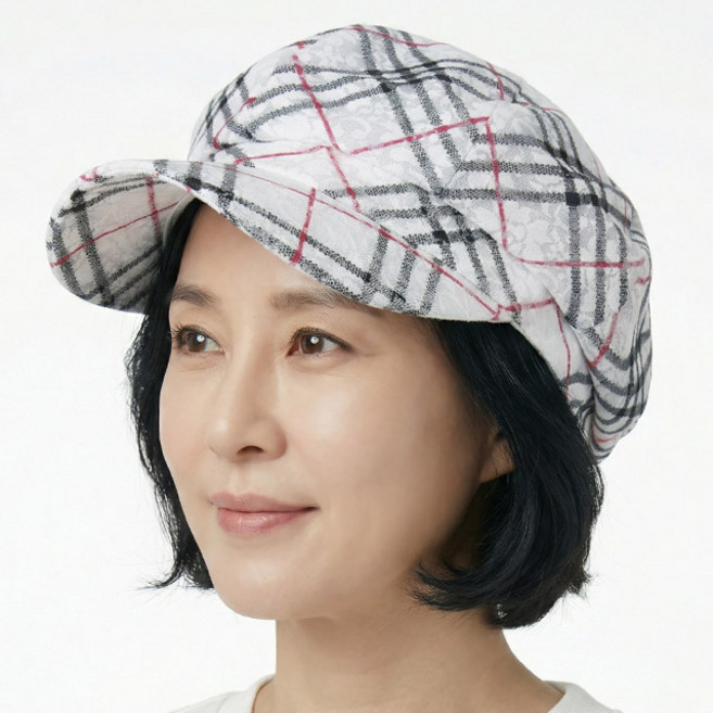 여름 팔각모 체크 레이스 셔링캡 중년여성 모자 화려한 레이스 큐빅 망사 플라워 빵모자