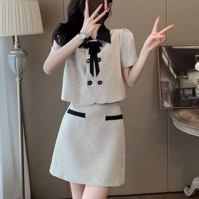 여자 여름 데일리룩 치마 투피스 패션 하객룩 코트 숏 스커트 세트